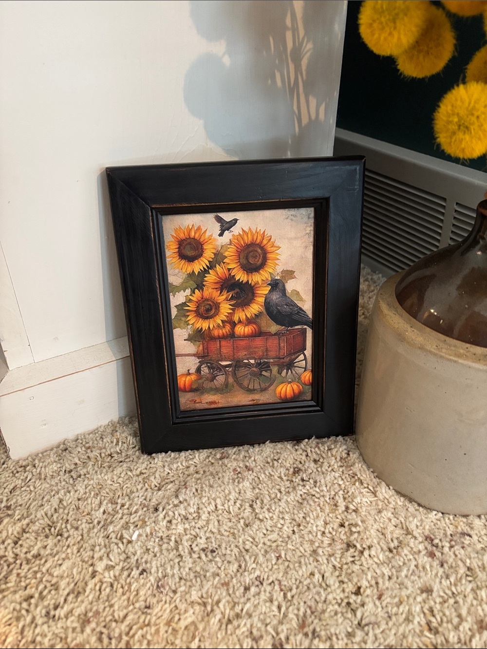 Vintage Style Black Framed Sunflower & Crow Print